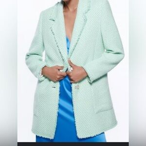 ZARA WOMAN GREEN/WHITE TEXTURED COAT JACKET WITH FRAYED EDGE